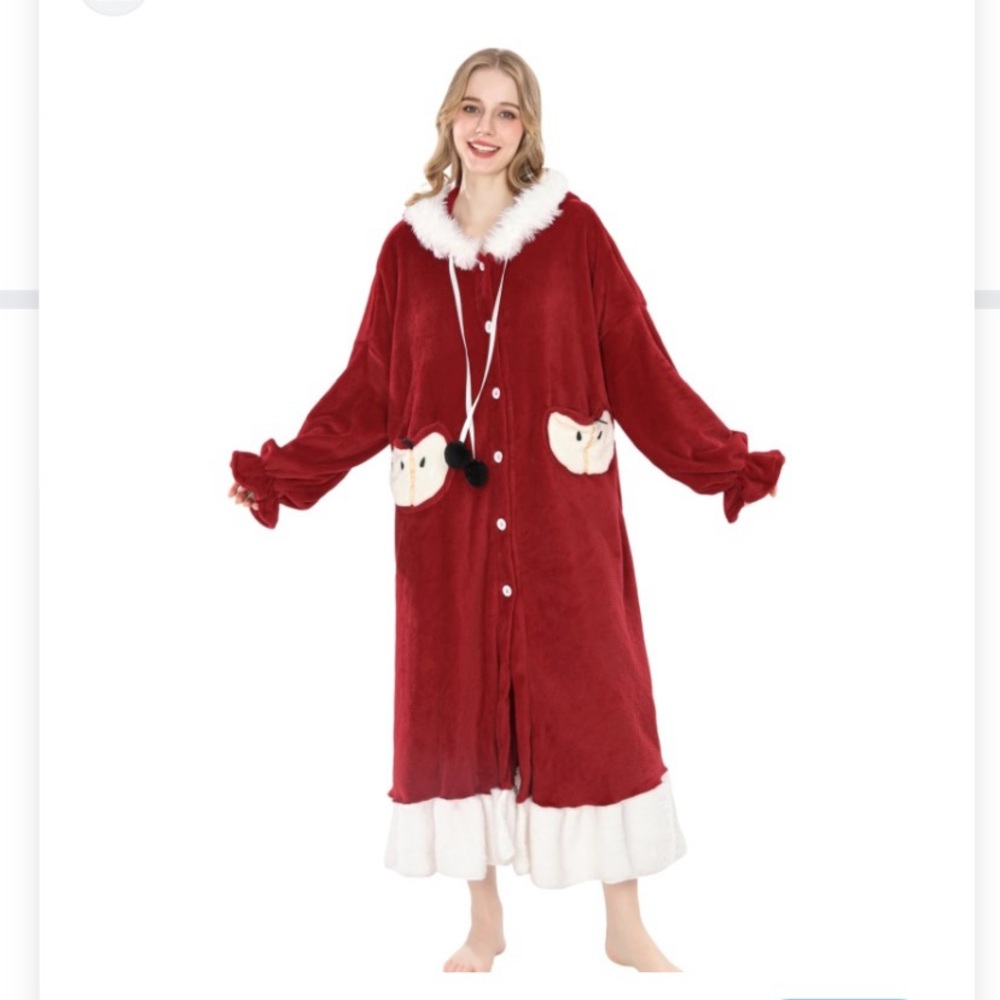 Women Small Santa HoHoHo Plush Hoodie PJ Jumpsuit Onesie in Red/White.